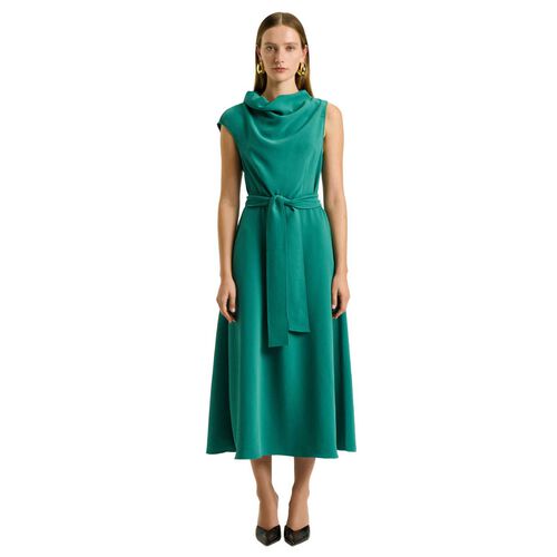 Veronika Maine Drapey Crepe Belted Cowl Neck Midi Dress